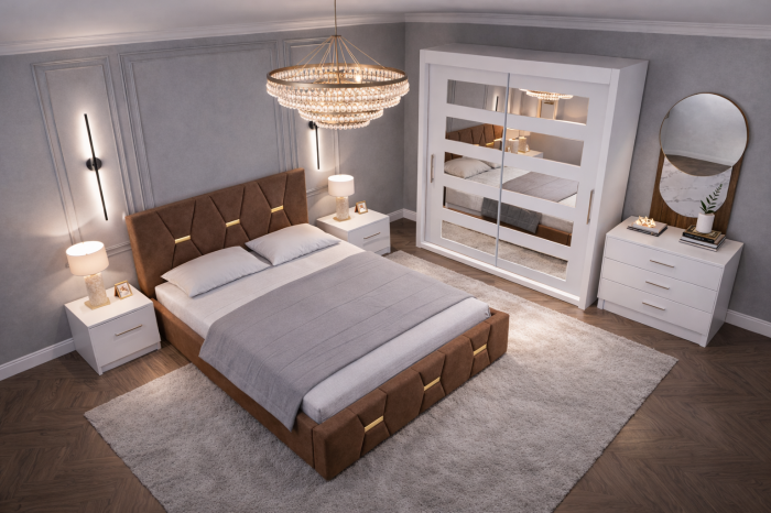 Dormitor Elexus cu Pat Tapițat, Dressing Alb Apollo, Comodă și Noptiere [2]