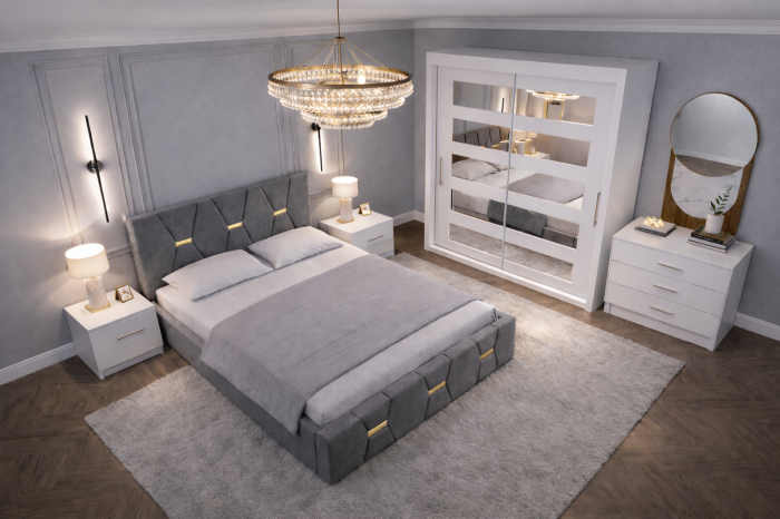 Dormitor Elexus cu Pat Tapițat, Dressing Alb Apollo, Comodă și Noptiere [3]