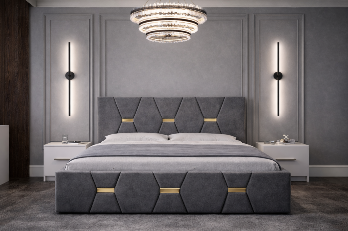 Dormitor Elexus cu Pat Tapițat, Dressing Alb Apollo, Comodă și Noptiere [2]