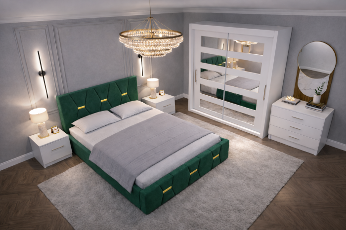 Dormitor Elexus cu Pat Tapițat, Dressing Alb Apollo, Comodă și Noptiere [2]