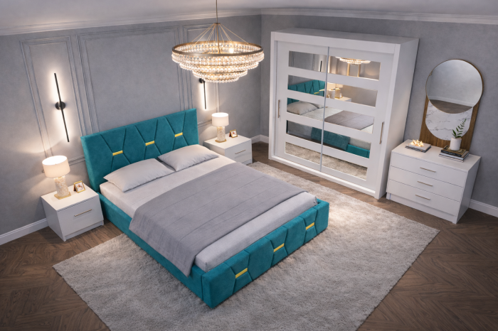 Dormitor Elexus cu Pat Tapițat, Dressing Alb Apollo, Comodă și Noptiere [2]