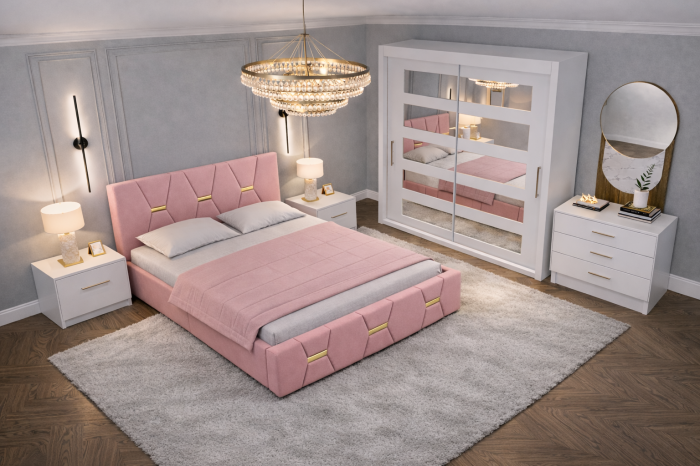 Dormitor Elexus cu Pat Tapițat, Dressing Alb Apollo, Comodă și Noptiere [2]