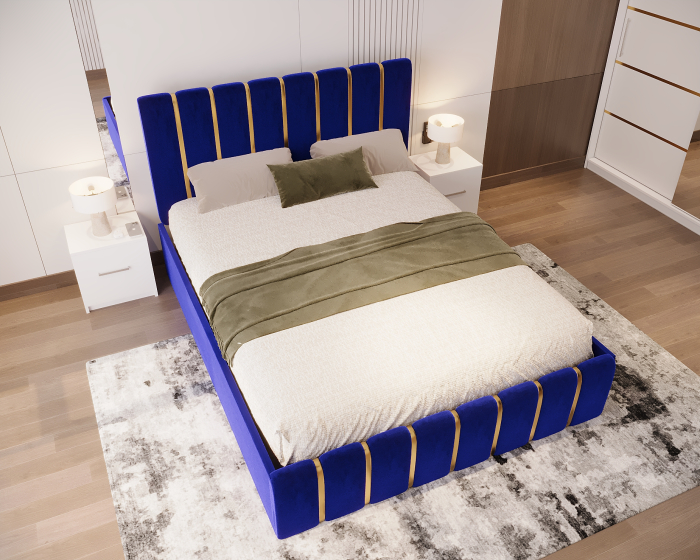 Dormitor LUX cu Pat Tapițat cu dulap 250x200 uși glisante Alb cu Oglinda, noptiere și comodă [3]