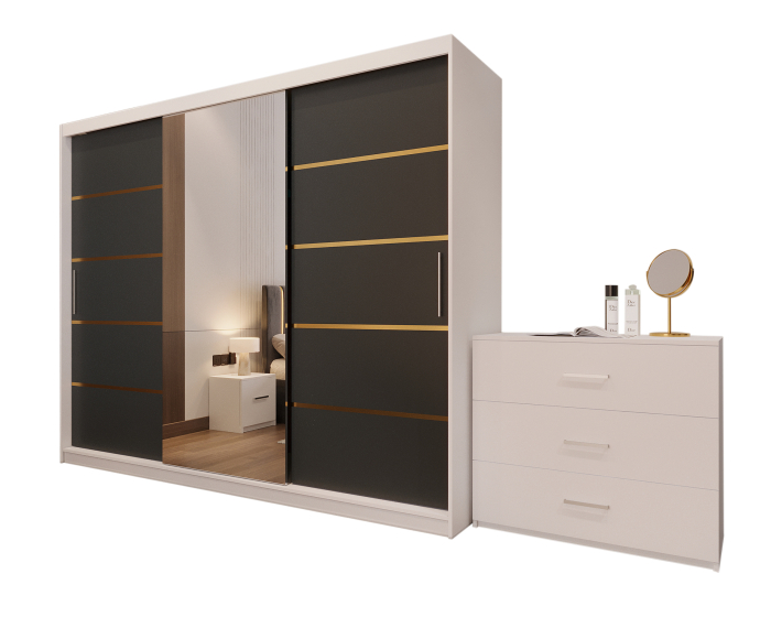 Dormitor LUX cu Pat Tapițat cu dulap 250x200 uși glisante Antracit cu Oglinda, noptiere și comodă [6]