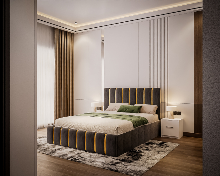 Dormitor LUX cu Pat Tapițat cu dulap 250x200 uși glisante Antracit cu Oglinda, noptiere și comodă [2]