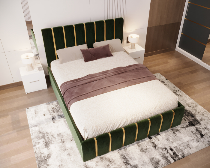 Dormitor LUX cu Pat Tapițat cu dulap 250x200 uși glisante Antracit cu Oglinda, noptiere și comodă [3]