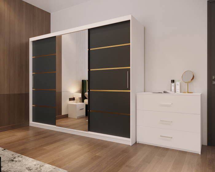 Dormitor LUX cu Pat Tapițat cu dulap 250x200 uși glisante Antracit cu Oglinda, noptiere și comodă [4]