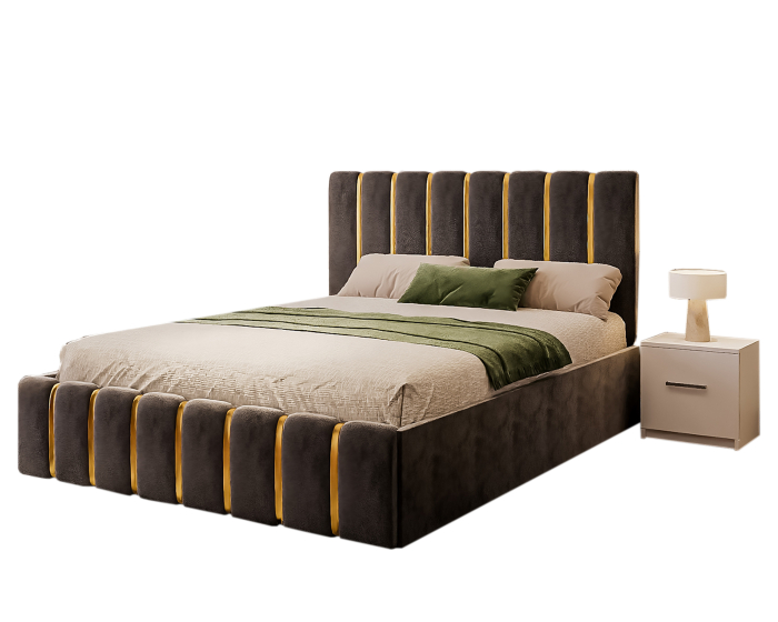 Dormitor LUX cu Pat Tapițat cu dulap 250x200 uși glisante Antracit cu Oglinda, noptiere și comodă [5]