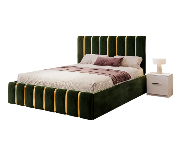 Dormitor LUX cu Pat Tapițat cu dulap 250x200 uși glisante Sonoma cu Oglinda, noptiere și comodă [4]