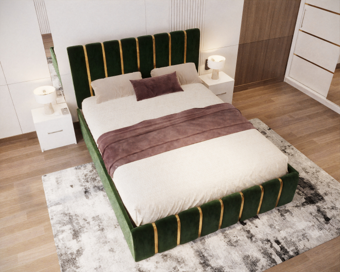 Dormitor LUX cu Pat Tapițat cu dulap 250x200 uși glisante Alb cu Oglinda, noptiere și comodă [3]