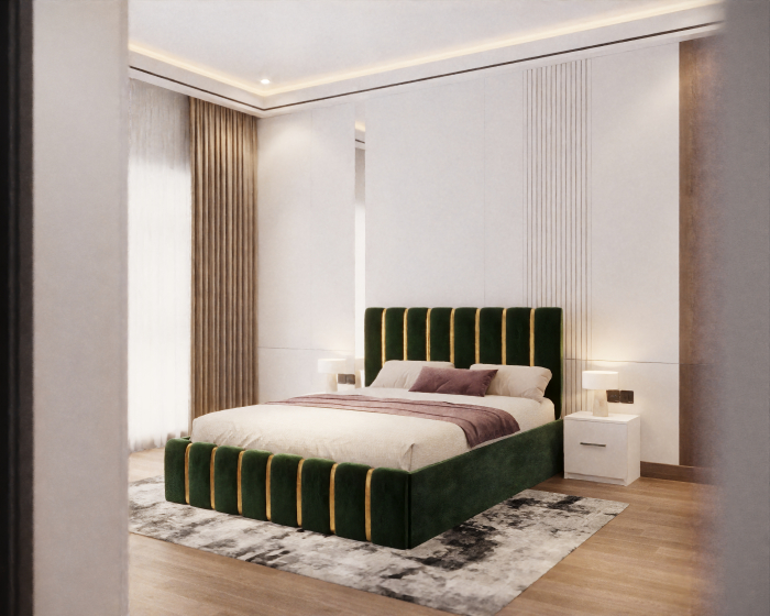 Dormitor LUX cu Pat Tapițat cu dulap 250x200 uși glisante Alb cu Oglinda, noptiere și comodă [2]