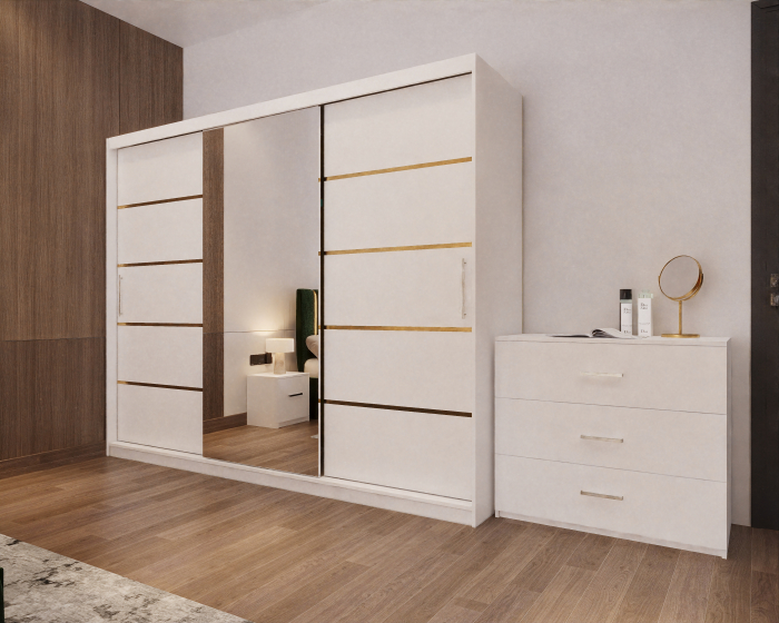 Dormitor LUX cu Pat Tapițat cu dulap 250x200 uși glisante Alb cu Oglinda, noptiere și comodă [4]