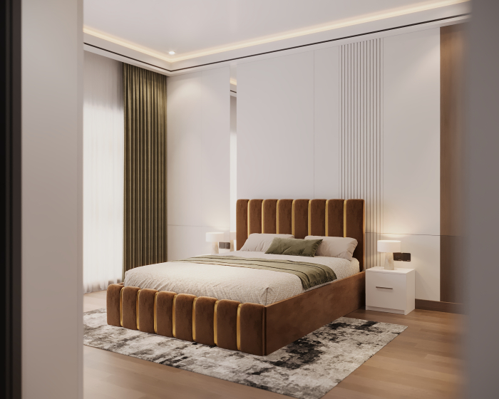 Dormitor LUX cu Pat Tapițat cu dulap 250x200 uși glisante Alb cu Oglinda, noptiere și comodă [2]