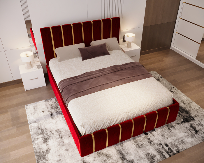 Dormitor LUX cu Pat Tapițat cu dulap 250x200 uși glisante Alb cu Oglinda, noptiere și comodă [3]