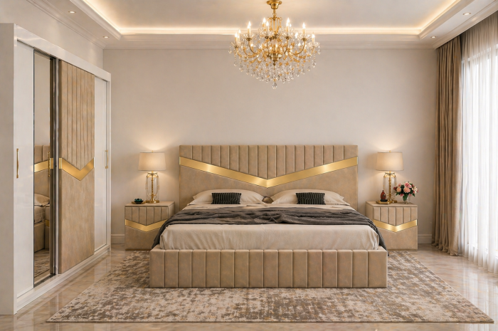 Dormitor Lotus Cu Dressing Alb 250x200, Pat Tapițat și Noptiere Tapițate [3]