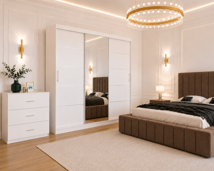 Dormitor Montreal cu Dressing Alb 250x200, Comodă, Pat și Noptiere Tapițate [3]