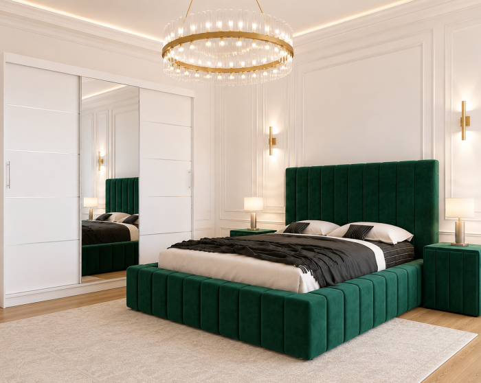Dormitor Montreal cu Dressing Alb 250x200, Comodă, Pat și Noptiere Tapițate [2]