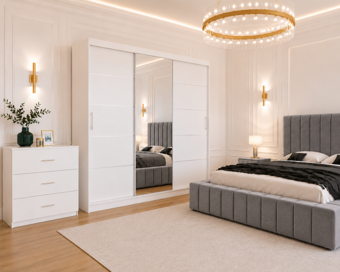 Dormitor Montreal cu Dressing Alb 250x200, Comodă, Pat și Noptiere Tapițate [3]