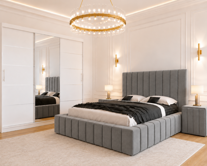 Dormitor Montreal cu Dressing Alb 250x200, Comodă, Pat și Noptiere Tapițate [2]