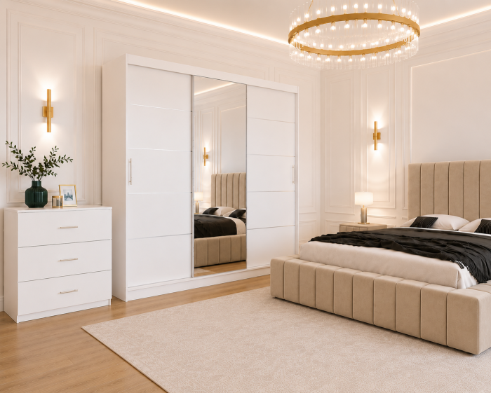 Dormitor Montreal cu Dressing Alb 250x200, Comodă, Pat și Noptiere Tapițate [3]