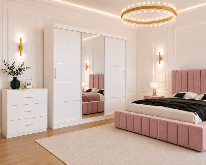 Dormitor Montreal cu Dressing Alb 250x200, Comodă, Pat și Noptiere Tapițate [3]