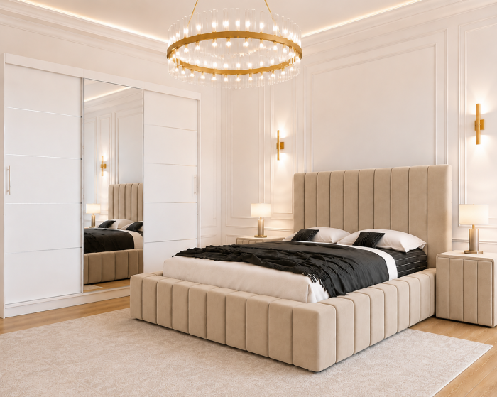 Dormitor Montreal cu Dressing Alb 250x200, Comodă, Pat și Noptiere Tapițate [2]