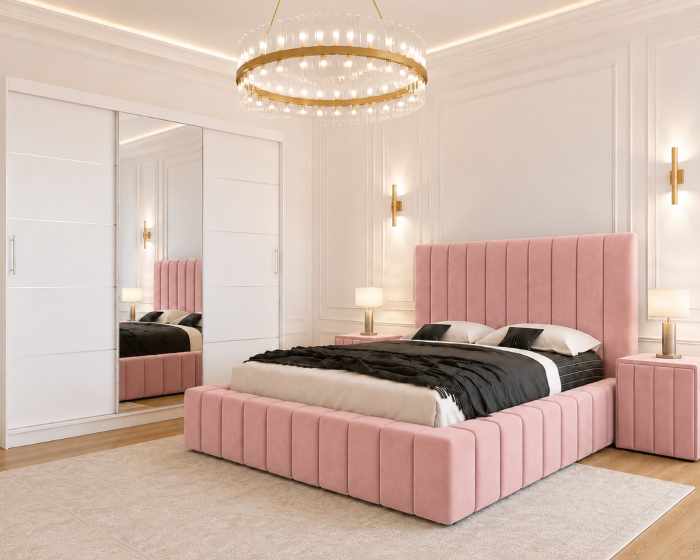 Dormitor Montreal cu Dressing Alb 250x200, Comodă, Pat și Noptiere Tapițate [2]