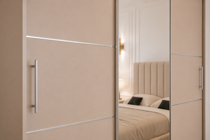Dormitor Montreal cu Dressing Casmir 250x200, Comodă, Pat și Noptiere Tapițate [5]