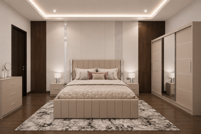 Dormitor Cairo New cu Dressing Casmir 250x200, Comodă, Pat și Noptiere Tapițate [2]