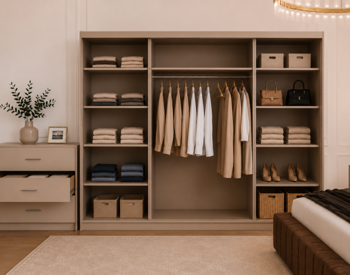 Dormitor Montreal cu Dressing Casmir 250x200, Comodă, Pat și Noptiere Tapițate [6]