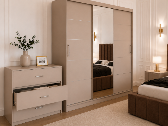 Dormitor Montreal cu Dressing Casmir 250x200, Comodă, Pat și Noptiere Tapițate [4]