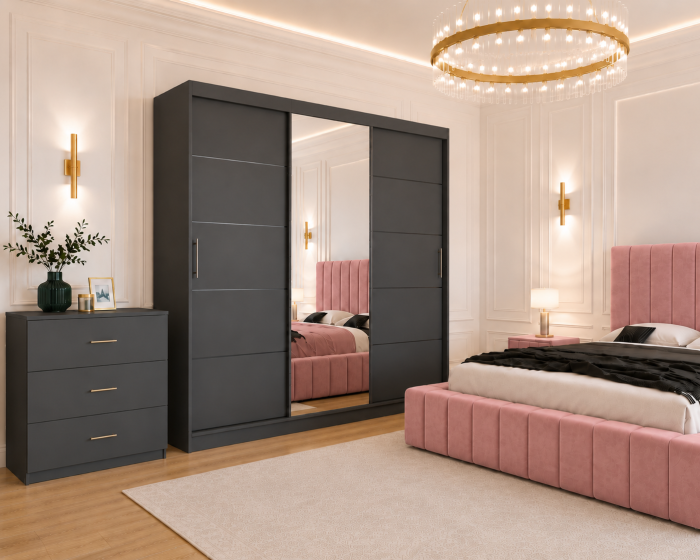 Dormitor Montreal cu Dressing Gri Antracit 250x200, Comodă, Pat și Noptiere Tapițate [2]