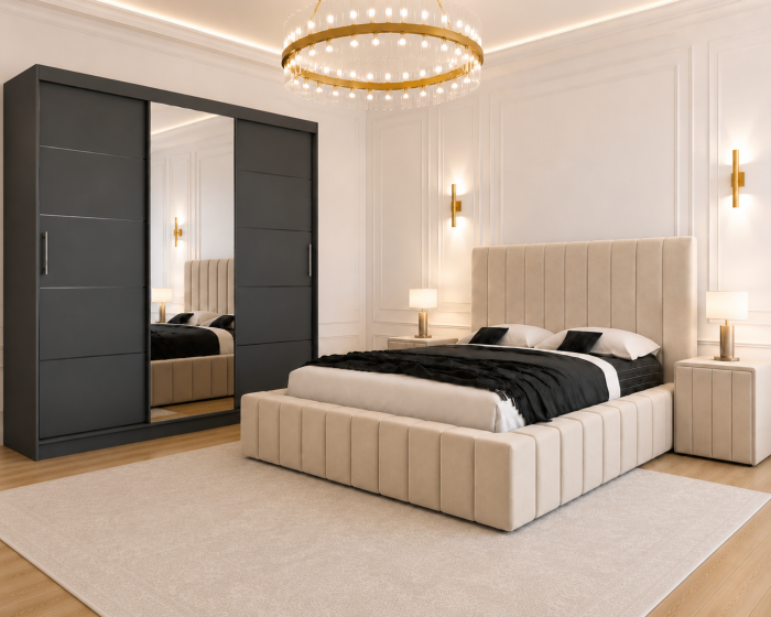 Dormitor Montreal cu Dressing Gri Antracit 250x200, Comodă, Pat și Noptiere Tapițate [2]