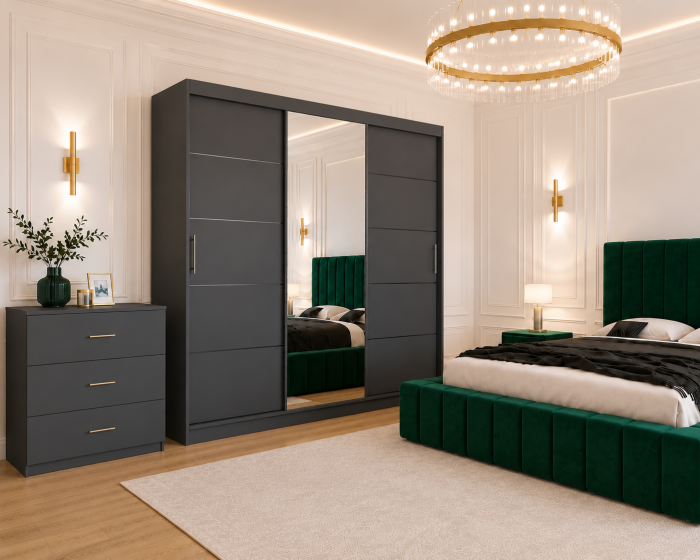 Dormitor Montreal cu Dressing Gri Antracit 250x200, Comodă, Pat și Noptiere Tapițate [2]