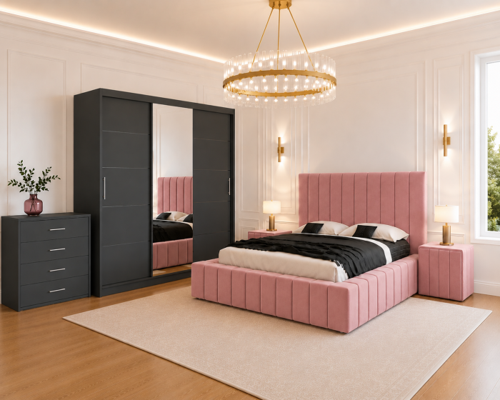 Dormitor Montreal cu Dressing Gri Antracit 250x200, Comodă, Pat și Noptiere Tapițate [6]
