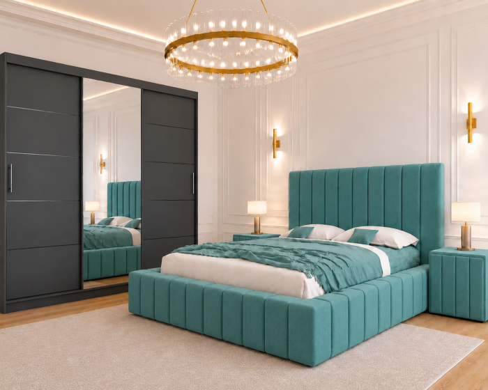 Dormitor Montreal cu Dressing Gri Antracit 250x200, Comodă, Pat și Noptiere Tapițate [2]