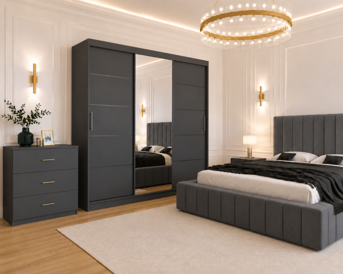 Dormitor Montreal cu Dressing Gri Antracit 250x200, Comodă, Pat și Noptiere Tapițate [3]