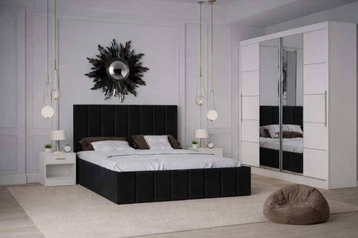 Dormitor Nobless cu Pat Tapițat, Dressing 200x200 Alb și Noptiere [2]