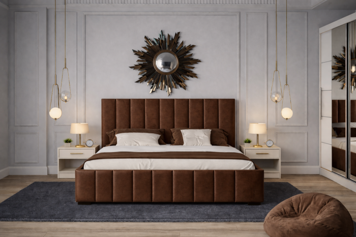 Dormitor Nobless cu Pat Tapițat, Dressing 200x200 Alb și Noptiere [3]