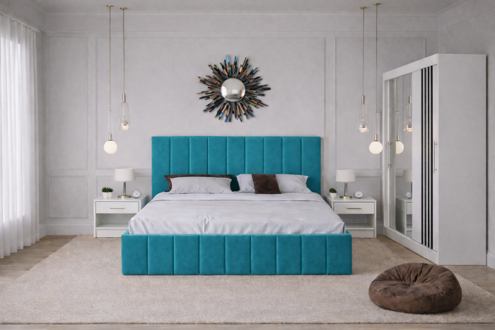 Dormitor Nordis cu Pat Tapițat, Dressing Alb  și Noptiere [3]