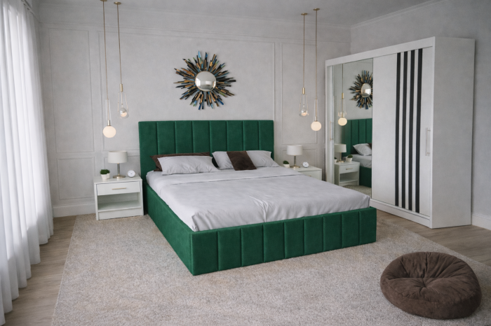 Dormitor Nordis cu Pat Tapițat, Dressing Alb  și Noptiere [2]