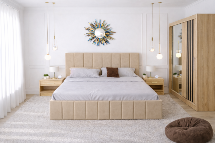 Dormitor Nordis cu Pat Tapițat, Dressing Sonoma și Noptiere [2]