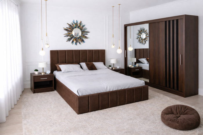 Dormitor Nordis cu Pat Tapițat, Dressing Wenge  și Noptiere [2]