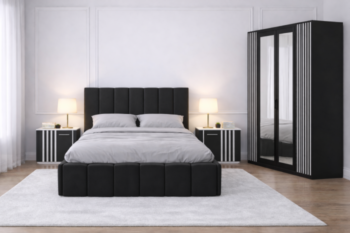 Dormitor Pat Monarch cu Dulap Riflaj Gri Antracit+Alb [2]