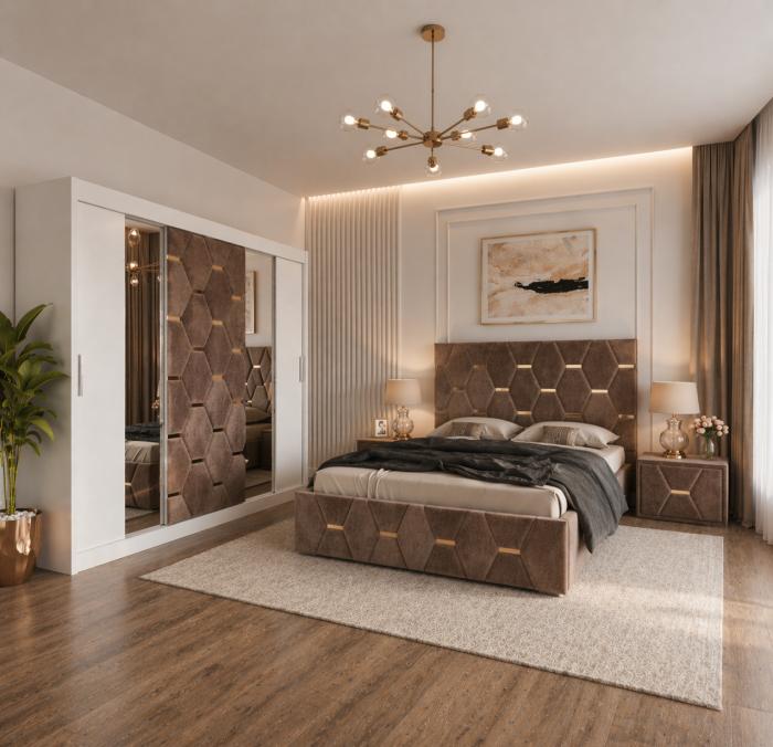 Dormitor Select Cu Dressing Alb 250x200, Pat Tapițat și Noptiere Tapițate [2]