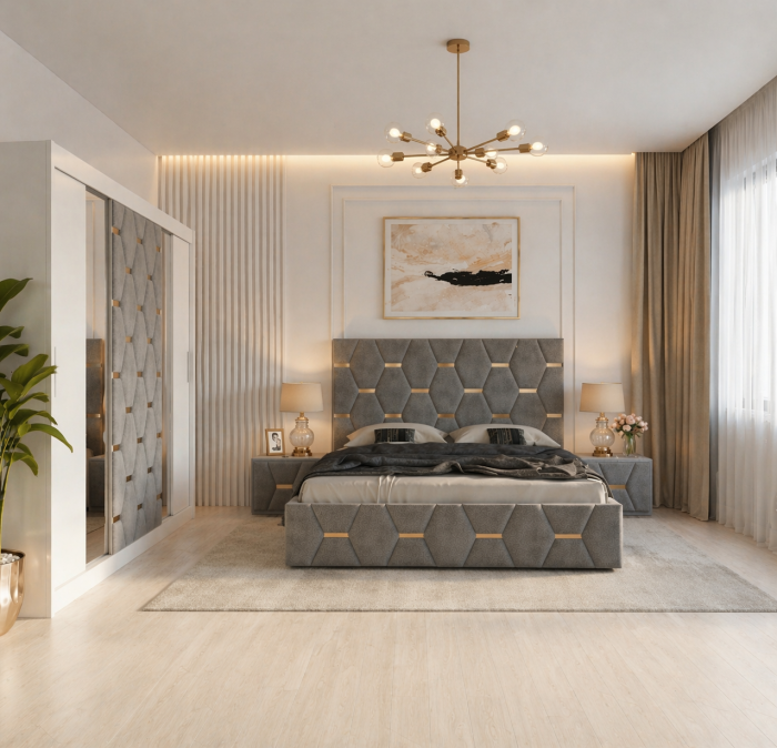 Dormitor Select Cu Dressing Alb 250x200, Pat Tapițat și Noptiere Tapițate [2]