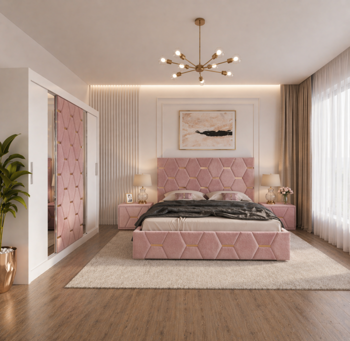 Dormitor Select Cu Dressing Alb 250x200, Pat Tapițat și Noptiere Tapițate [2]
