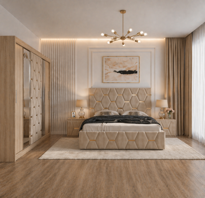 Dormitor Select Cu Dressing Sonoma 250x200, Pat Tapițat și Noptiere Tapițate [2]