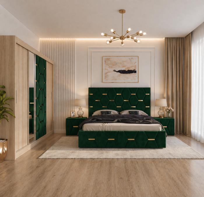 Dormitor Select Cu Dressing Sonoma 250x200, Pat Tapițat și Noptiere Tapițate [2]