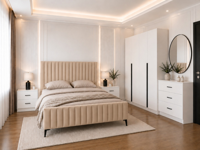 Dormitor Siena cu Dulap Clasic 160x200, Comodă, Pat și Noptiere - Detalii Negre [3]